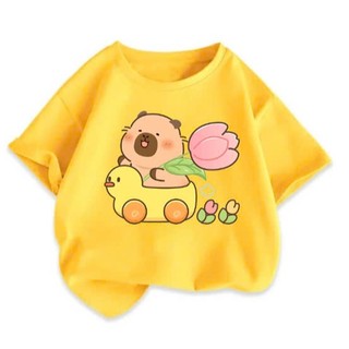 áo thun cho bé trai, bé gái in hình capybara đi xe vịt vàng dễ thương