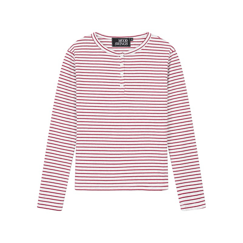 MOODSWINGS - Áo thun tay dài sọc cổ tròn BACK LOGO RED-STRIPED LONGSLEEVES TOP