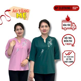 Áo Trung Niên Nữ A102, Mẫu Sơ Mi Cổ Trụ Cho Mẹ U50 Thêu Họa Tiết Sang Trọng, Thời trang NP CLOTHING