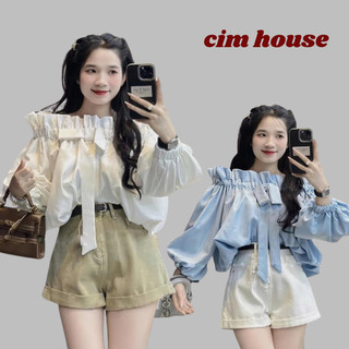  Áo sơ mi nữ hở vai tay bồng đính nơ to trước ngực  áo kiểu trễ vai nữ tiểu thư nữ tính CIMHOUSE-CA257 