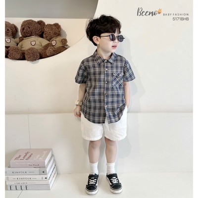 Set sơ mi kẻ Beemo cổ đức phối khuy dừa vải thô hàn thoáng mát cho bé trai từ 9-24kg 5171BHB