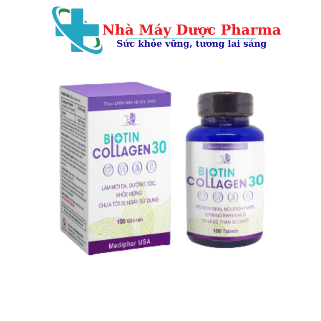 Biotin Collagen 30 Viên uống đẹp da, hỗ trợ mọc tóc chuẩn - Hộp 100 viên