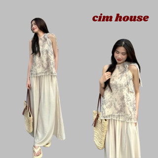Set bộ quần áo yếm nữ set bộ yếm voan tơ họa tiết hoa kèm quần suông đũi mềm CIMHOUSE- CB402