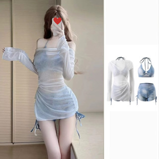  Bikini nữ đi biển du lịch 3 mảnh có mút nực phối khoác voan trắng tiểu thư sang trọng vải co giãn có đệm ngực 7130 D9T2 