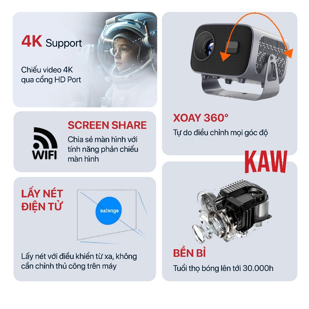 Máy Chiếu Mini KAW K670 - Hàng Chính Hãng, Full HD Siêu Nét, Hỗ Trợ 4K, Độ Sáng Cao, Android 11 | BigBuy360 - bigbuy360.vn
