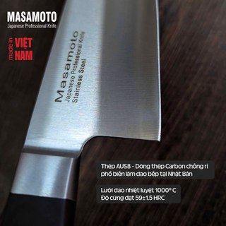Dao thái thịt cá Nhật cao cấp Masamoto Gyuto 200mm - Cán gỗ Pakka, thép Carbon cao cấp AUS8 (MoV) Molybdenum Vanadium