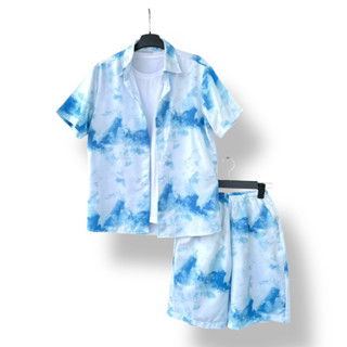 Bộ áo sơ mi hoa lá đi biển màu xanh sky mây trời, đồng phục cho gia đình cặp đôi team nhóm du lịch