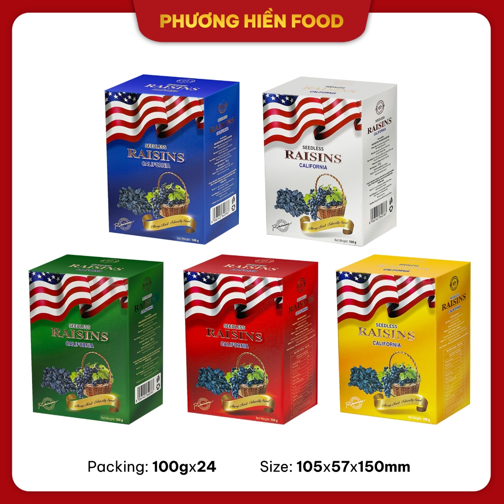 [Raisins] Nho khô đen Raisins 100g hộp giấy - hình lá cờ Mỹ mẫu mới hiệu Lion Raisins nhập khẩu Mỹ