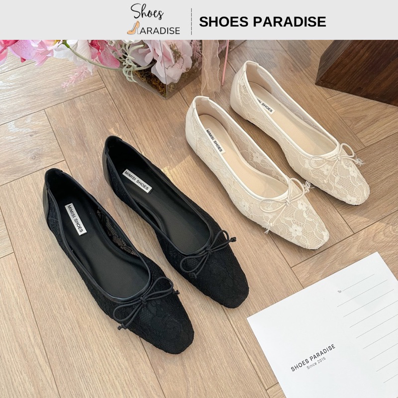 Giày búp bê lưới ren phối nơ đế bệt đẹp xinh màu trắng đen thời trang cổ điển sang Shoes Paradise - 