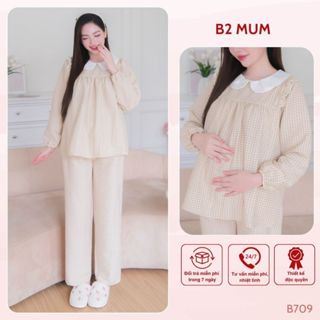 Bộ bầu mặc nhà và sau sinh chất đũi, mềm, mát, có thiết kế mở cúc cho bé ti, quần có chun chỉnh B709 B2MUM