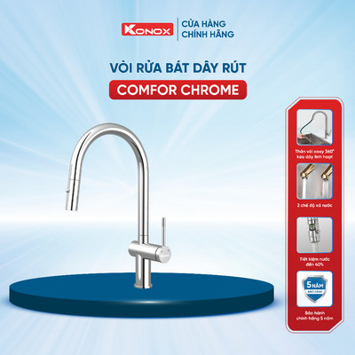 Vòi rửa bát dây rút Konox Comfor hợp kim đồng mạ PVD Chrome - Bảo hành 5 năm