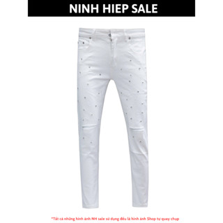 Quần jeans nam Amiri trắng rách gối đính đá dáng côn chất denim,quần bò nam Amiri trắng rách gối đính đá co dãn nhẹ 7283