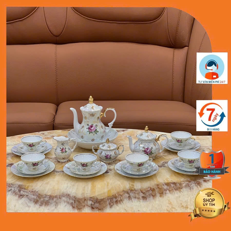 Bộ ấm chén trà cổ hàng cao cấp chất liệu sứ phủ bóng ngọc trai hoa văn tinh tế ACCA17