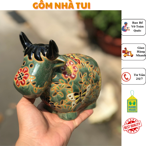 TƯỢNG CON BÒ CON TRÂU GỐM SỨ THỦ CÔNG KHẮC HOA,BÁCH HOA TRANG TRÍ DECOR QUÀ TẶNG CN