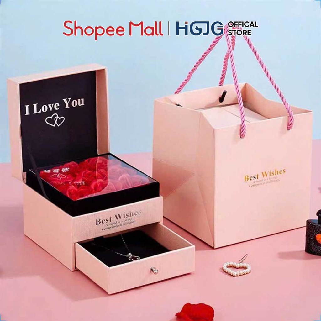 Hộp Quà Tặng Hộp Trang Sức Hoa Hồng Nắp Gập, Ngăn Kéo, Tặng Kèm Túi Quà Và Thiệp Xinh Xắn