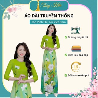 Áo Dài Trung Niên Thúy Kiều Lụa Nhật Cổ Tròn Xanh Cốm – Họa Tiết Hoa K29.K165 Tay Lỡ, Đi Dạy, Đi Lễ