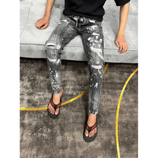 Quần bò jean nam Dsq2 xám khói rách mix khoá lệch hở ( được ktra hàng)
