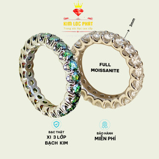 Nhẫn full Moissanite 3mm bạc xi bạch kim, Nhẫn kết nam nữ đính full kim cương nhân tạo đá moissanite màu trắng, màu xanh