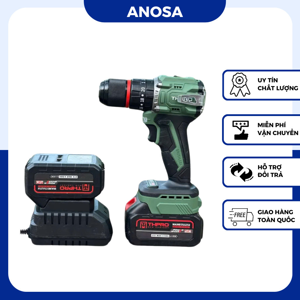 Máy Khoan Pin THPRO TH13, 3 Chức Năng, Đầu 13ly Autolock, Động Cơ Không Chổi Than, Chân Pin Phổ Thôn