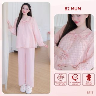   BỘ TAY DÀI  Mặc nhà chất đũi mềm cao cấp thiết kế mở cúc cho bé ti họa tiết kẻ caro quần có chun chỉnh - B712 B2MUM 