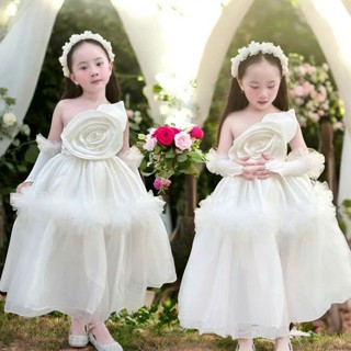 [Kèm Gang Tay] Váy Lệch Vai Hoa Trước Ngực  Xinh Xắn Cho Bé Gái- Tặng Kèm Núp Cô Dâu