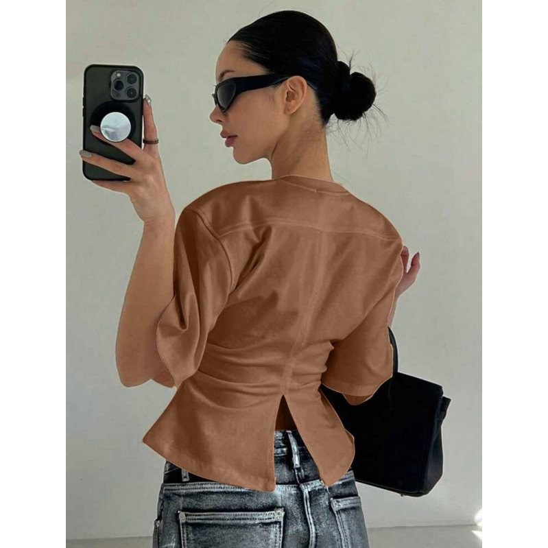 Áo Kiểu Xẻ Lưng Ohlala.Clothing Nhún Eo Cổ Tròn Form Đẹp Thời Trang Hàn Quốc