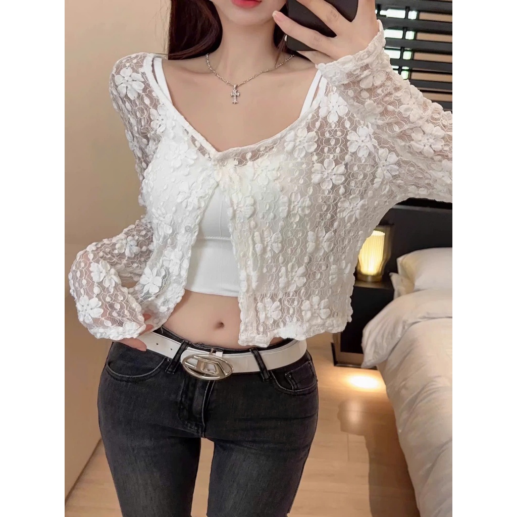 Áo cardigan mỏng ren hoa dáng lửng Ha25_CÚC Haluu Store thích hợp khoác ngoài cho mùa hè | BigBuy360 - bigbuy360.vn
