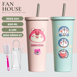 Ly giữ nhiệt cao cấp pastel khắc tên, ly nước Fan House 800ml inox 304, tặng sticker, ống hút trân châu