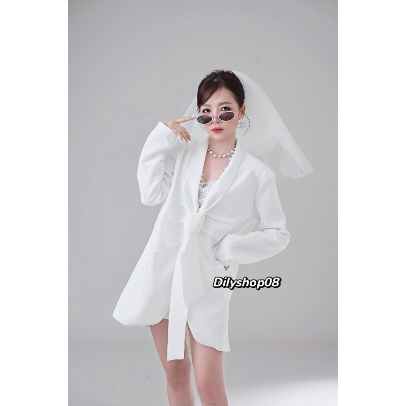 𝑫𝒊𝒍𝒚𝒔𝒉𝒐𝒑𝟎𝟖 (FREE SHIP) Áo vest trắng tay dài dáng suông buộc dây dành cho nữ