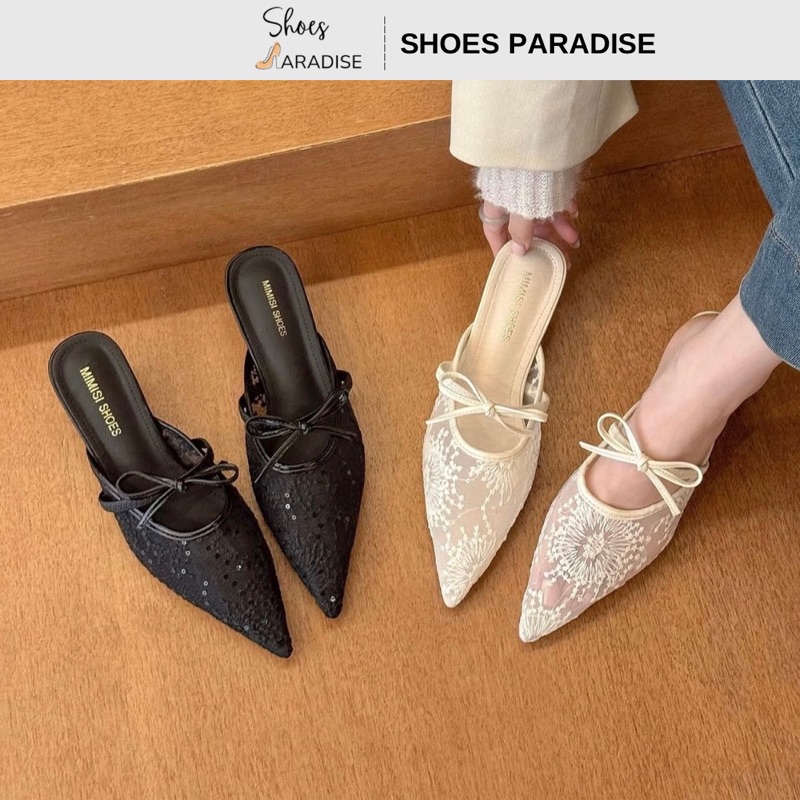 Sục mũi nhọn lưới ren thêu phối nơ thời trang sang đẹp giày cưới màu trắng đen Shoes Paradise L143
