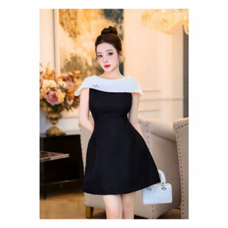 Đầm đen trễ vai viền trắng dáng ngắn chữ A dự tiệc, đi làm, đi chơi
