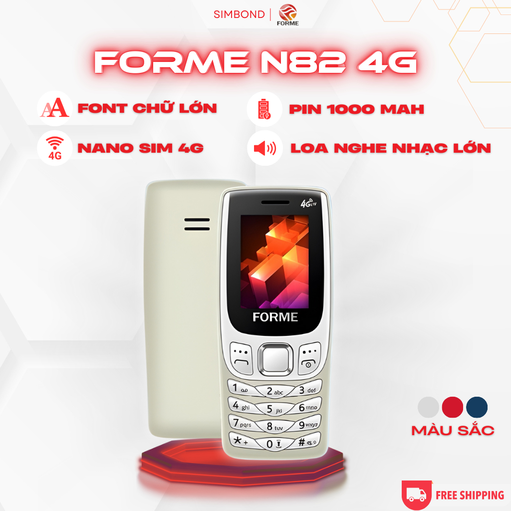 Forme N82 - Điện Thoại 4G Cho Người Cao Tuổi, Pin Trâu 1000mAh, 2 SIM, Loa To, Chữ Rõ, Có Ghi Âm, Bả