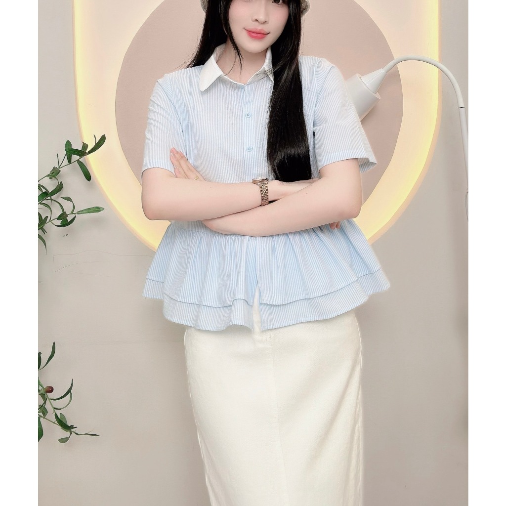 Áo sơ mi kẻ sọc cọc tay nữ dáng babydoll xinh xắn trẻ trung  LAMO- B1415 | BigBuy360 - bigbuy360.vn