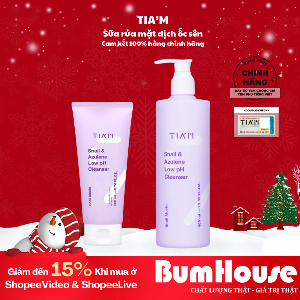 Sữa rửa mặt làm sạch da, cấp ẩm da pH thấp TIAM Snail & Azulene 200ml/400ml | BigBuy360 - bigbuy360.vn