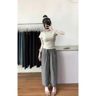 quần suông dài 98cm vải đũi  gấu quần nhúm bèo cạp chun lưng cao