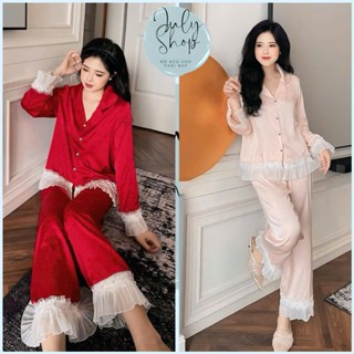 Đồ Ngủ Nữ, Đồ Bộ Tiểu Thư JULY Phối Bèo Voan Đính Ngọc Xinh Xắn Chất Lụa Latin Mềm Mịn Freesize