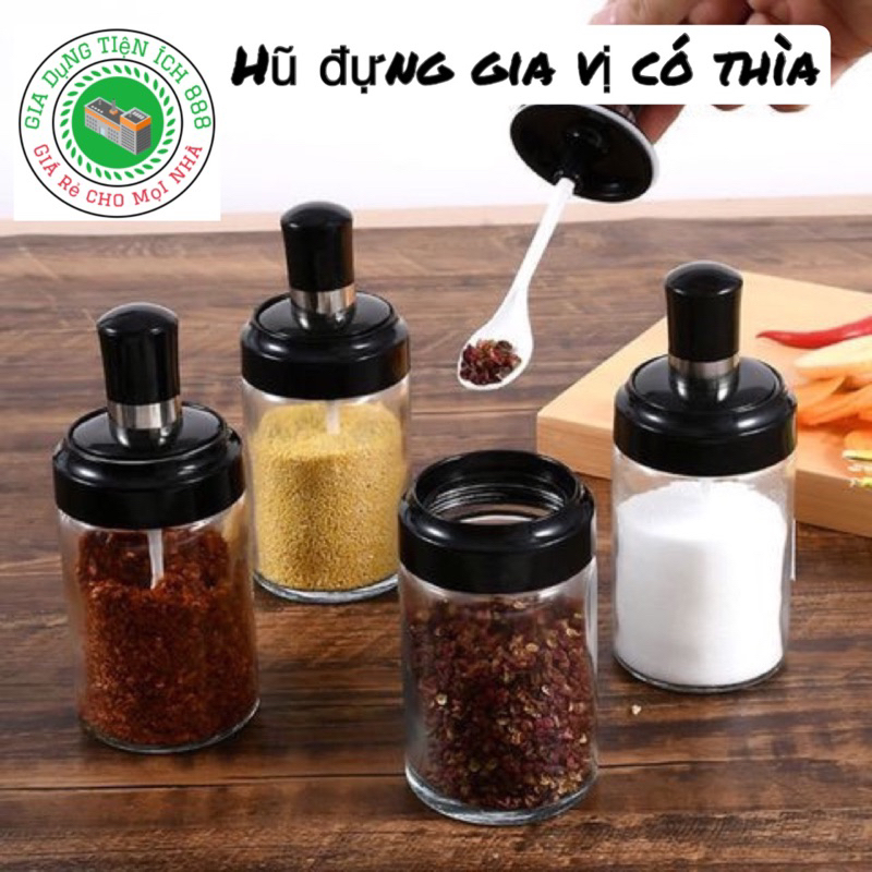 Hũ đựng gia vị đa năng, lọ đựng gia vị bằng thuỷ tinh kèm thìa tiện lợi