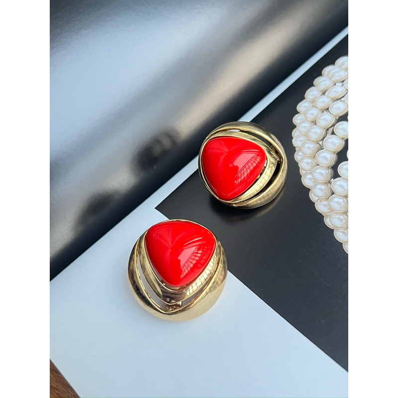 Bông tai kẹp vintage Orena Paris thiết kế đính cabochon đỏ
