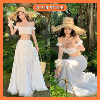  Set 2 Món Áo Trễ Vai Đính Nơ Kèm Chân Váy Xoè Viền Ren Đi Biển Siêu Xinh 