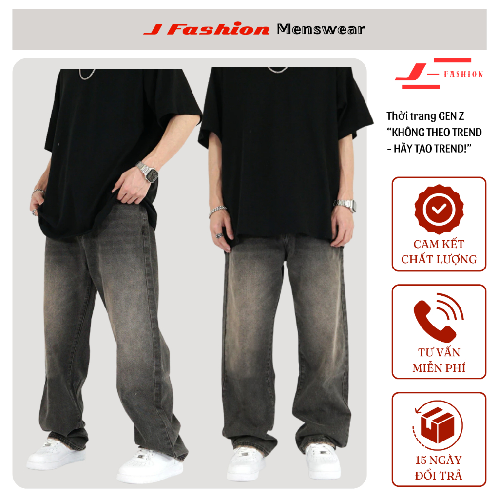Quần Jean Nam Dáng Baggy Ống Suông Cạp Cao Wash Xám Khói Chất Vải Dày Dặn J_FASHION, HOTTRENDING