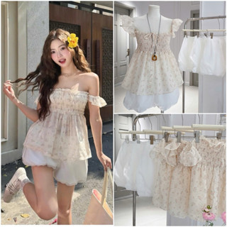 (Hàng l1) Set áo trễ vai hoa nhí bo chun phối quần bí cloud bồng tơ voan mùa hè tiểu thư, trẻ trung - SEP Studio