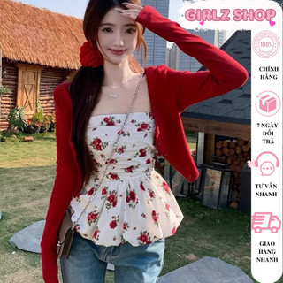  Áo Cúp Ngực Nữ Họa Tiết Hoa Hồng Dáng Xòe Bồng Có Bo Chun Kèm Áo Cardigan Tay dài màu Đỏ Tiểu Thư Mùa Hè Nữ Tính -A113- 