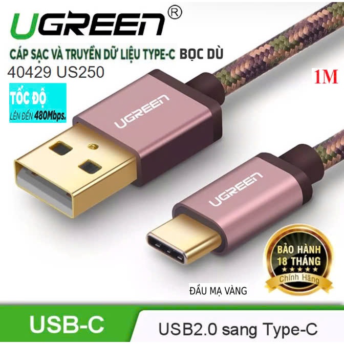 Cáp USB 2.0 to USB C UGREEN 40429 US250 (Sạc & truyền dử liệu 480Mbps,đầu Mạ vàng,dây dù dài 1M)