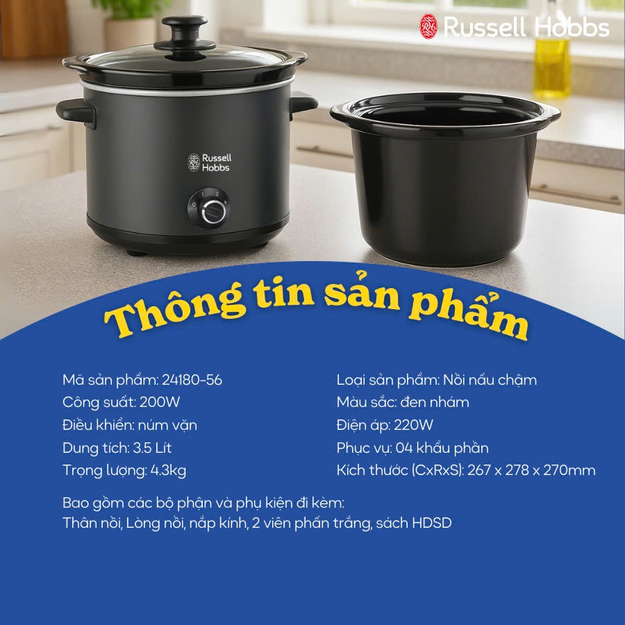 Nồi Nấu Chậm Đa Năng RUSSELL HOBBS 3.5L BH 1 Năm,Meat Stock,Cho Bé Ăn Dặm,Giữ Nhiệt, Healthy Kho Hầm