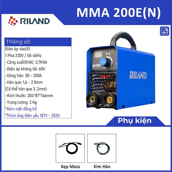 Máy hàn mini Riland MMA 200E, công nghệ ARC FORCE Và HOT START giúp chống dính que và dễ mồi lửa, hà