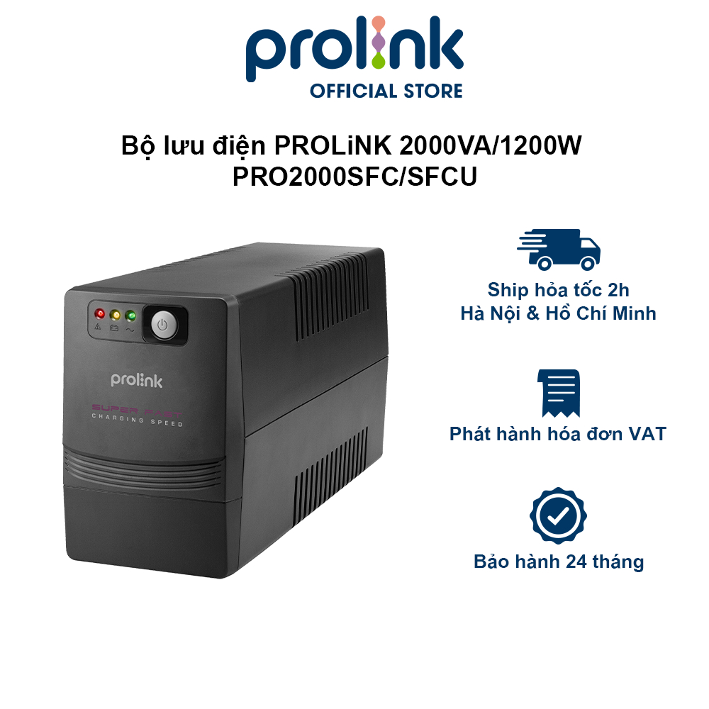 Bộ lưu điện UPS PROLiNK PRO2000SFCU (2000VA) 1200W, AVR, sạc siêu nhanh, dùng cho PC, Camera, Wifi