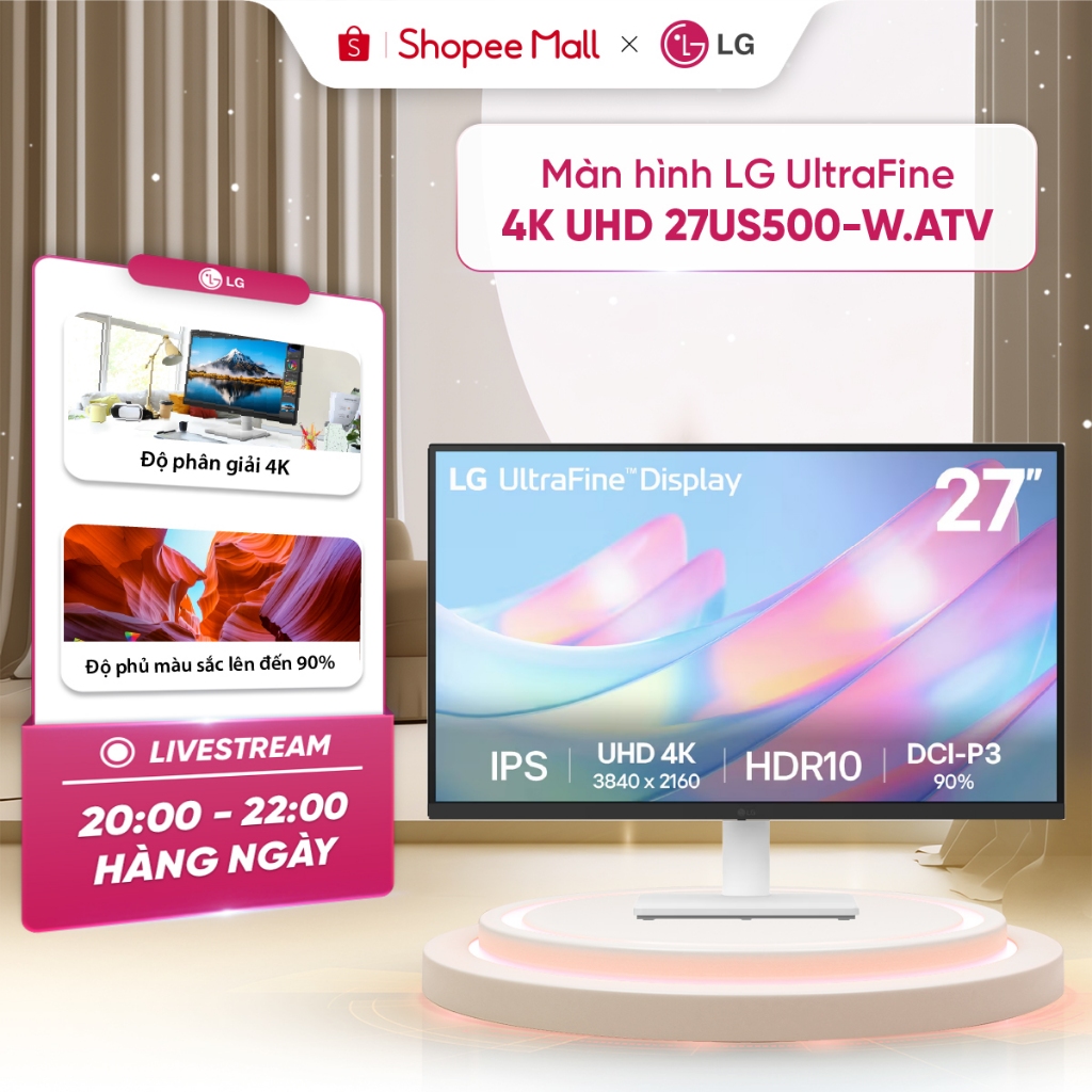 Màn hình 4K LCD LG 27US500-W UltraFine 3840x2160/IPS/60Hz/FreeSync , viền siêu mỏng, Bảo hành 24 thá