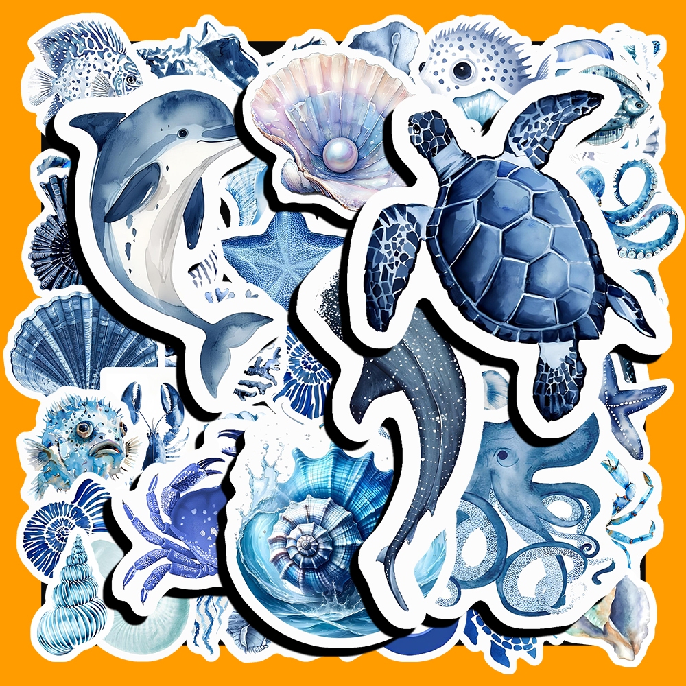Bộ 50 Sticker Động Vật Biển Xanh Dương – Nghệ Thuật Thanh Lịch Từ Đại Dương