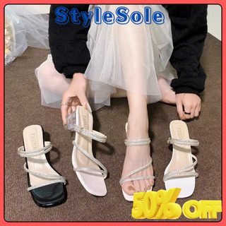  Giày sandal cao gót 5cm đính đá lấp lánh quai đan thời trang đế vuông êm chân màu trắng-đen bạc giá tốt Shopee t12 