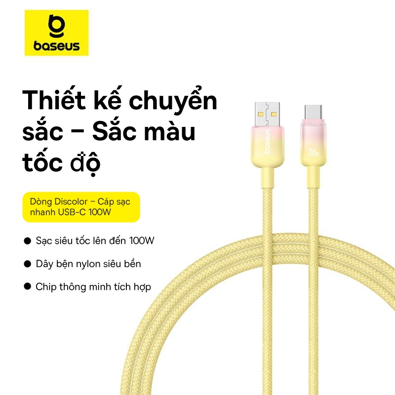 Dây cáp sạc nhanh Baseus Discolor USB sang Type C 100W cho Huawei Xiaomi Cáp truyền dữ liệu chính hã